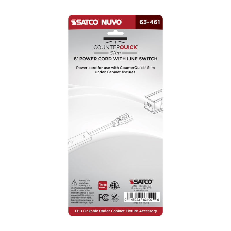 Satco 8 Foot Line Switch and Power Cord for Satco|Nuvo CounterQuick Slim Series