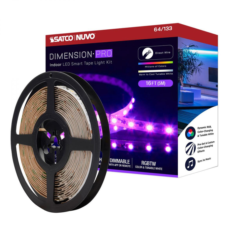 Satco 20 Watt 16 Foot PRO RGBTW Indoor Direct Wired LED Smart Tape Lighting   
