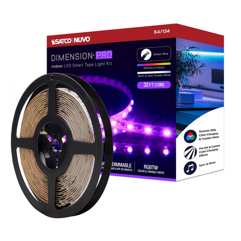 Satco 30 Watt 32 Foot PRO RGBTW Indoor Direct Wired LED Smart Tape Lighting   