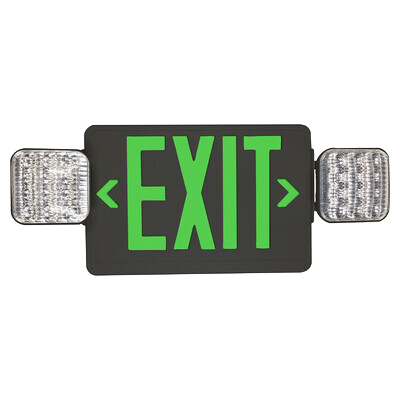 EiKO Exit Sign and Emergency LED Light Combo Black Housing Green  