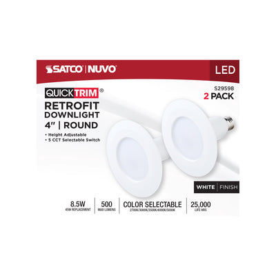 Satco 4 Inch 8.5 Watt QuickTrim LED Retrofit Downlight 2700K/3000K/3500K/4000K/5000K 2-Pack