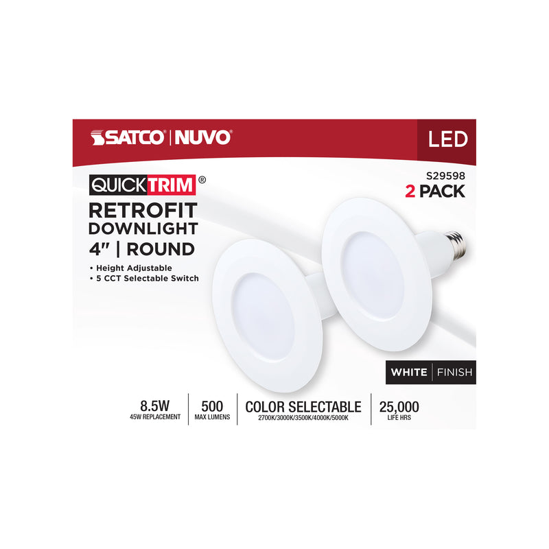 Satco 4 Inch 8.5 Watt QuickTrim LED Retrofit Downlight 2700K/3000K/3500K/4000K/5000K 2-Pack