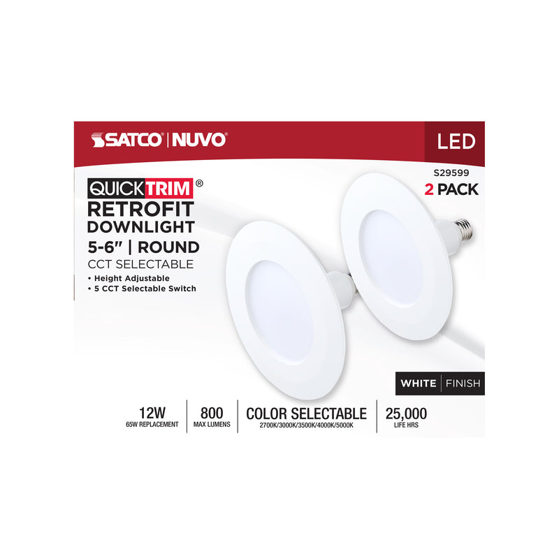 Satco 5/6 Inch 12 Watt Watt QuickTrim LED Retrofit Downlight 2700K/3000K/3500K/4000K/5000K 2-Pack