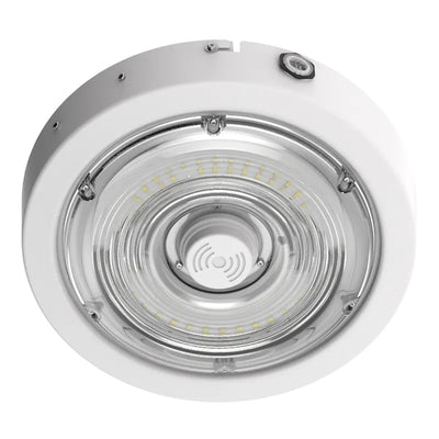 Westgate 30/40/50 Watt 120-277V Sensor Ready Round New Concept LED Garage Ceiling Light with Emergency Battery Backup 3000K/4000K/5000K Selectable White