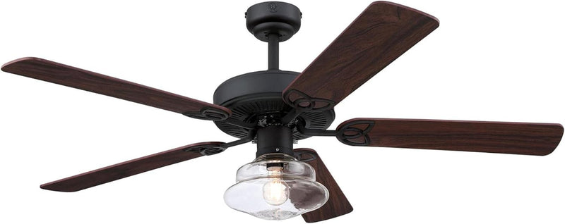 Westinghouse Lighting Scholar 52 Inch Five Blade Indoor Ceiling Fan Matte Black Finish With Dimmable LED Light Fixture