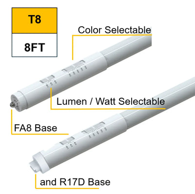 Halco Lighting Technologies 8 Foot 24/32/40 Watt LED Double Ended Bypass T8 Tube Light with Field Changeable R17D or FA8 Single Pin End Caps 3000K-6500K Selectable